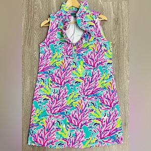 Southern Frock Pink Coral Print Ruffle Neck Shift dress